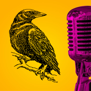 Vignette représentant un corbeau et un micro pour l'atelier Dramaphonies 2023 Autour de la pièce de théâtre Pinkson de Caren Jess